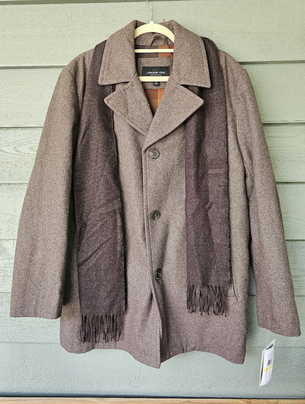 London Fog Collection Amity Single Breasted Brown Wool Jacket with Scarf Men's M